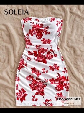 White Strapless Floral Bodycon Dress with Red Print
